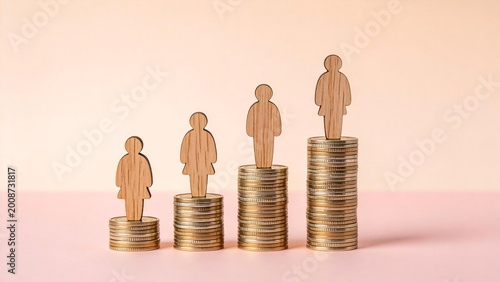 Wooden figures on stacked coins