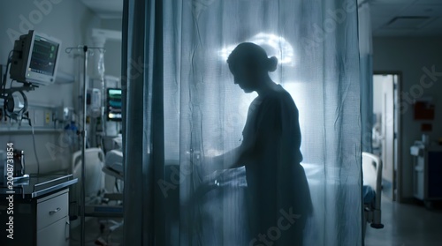 Nurse enters hospital room with patient through curtain in dark interior
