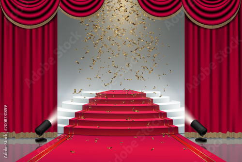 Red carpet entrance with spotlight illuminates stage as golden confetti falls