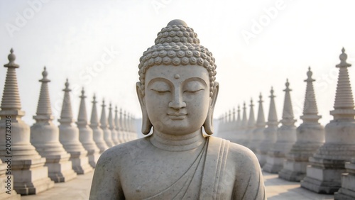 Buddha statue with rows of stupas