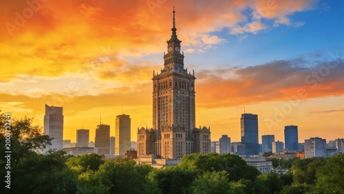 City skyline with tall tower at sunset
