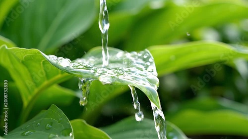 Water droplet falling on green leaf macro shot