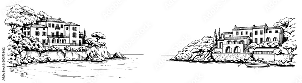 Fototapeta premium Mediterranean coastal villa on rocky seaside cliffs in vintage sketch style