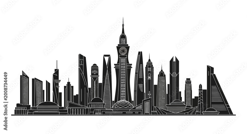 Fototapeta premium Mecca city skyline silhouette with Makkah Royal Clock Tower on white background