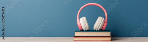 modern wireless pink headphones resting vintage books blue background stylish tech lifestyle concept pastel contrast minimal composition