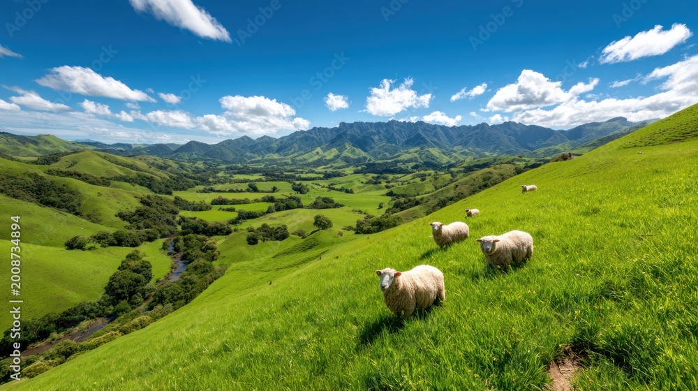 Fototapeta premium scenic view fluffy sheep grazing lush green rolling hills mountains blue sky peaceful countryside landscape pastoral nature wide angle serene outdoor concept