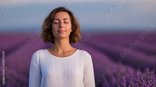 Young woman with closed eyes meditating peacefully in beautiful blooming lavender field representing mindfulness inner peace emotional balance and natural healing serenity concept