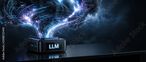 LLM ai chips neural data stream device emitting cloud of code and light conveying intelligence and connection