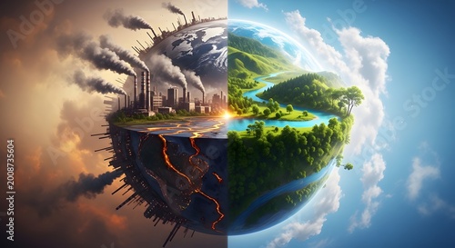 Earth Divided into Pollution and Nature.
