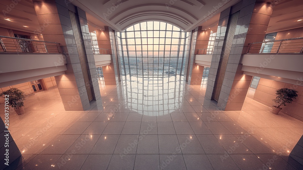 Obraz premium Grand modern hotel lobby with large arched windows and polished marble floors reflecting warm light