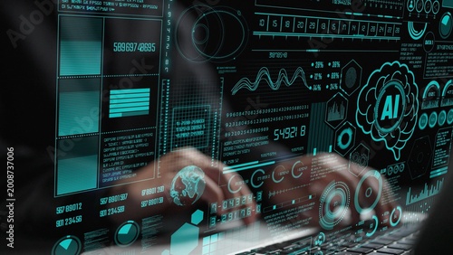 Explore a cutting-edge digital interface showcasing data visualization elements, AI metrics, and graphs, representing the forefront of technology and innovation. Cipher