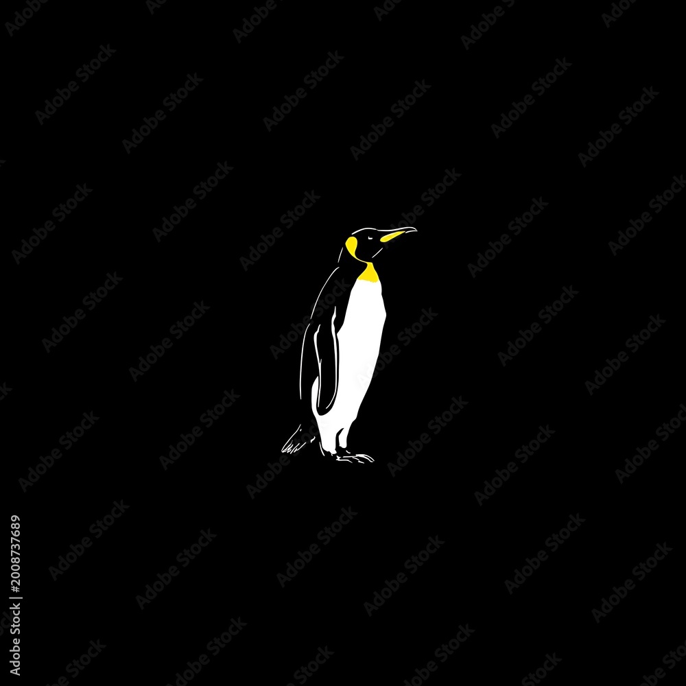 Fototapeta premium Minimalist king penguin with yellow neck detail isolated on a solid black background