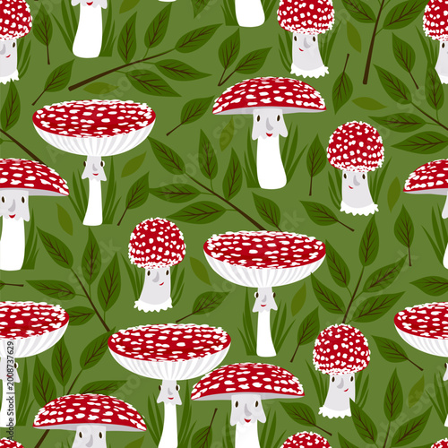 Vector seamless pattern with fly agarics in the forest