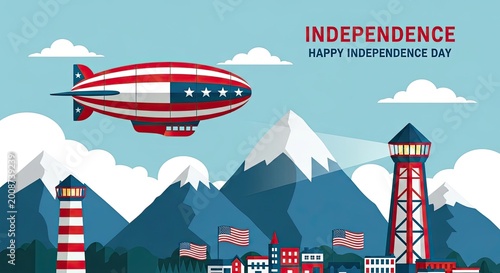 Celebrating independence day united states patriotic airship over mountainous landscape with american flags