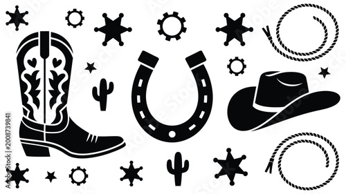 Bilde på lerret Western cowboy elements set on white background vector illustration, classic cowboy gear icons, rodeo rope saddle horse and pistol silhouettes, rustic western adventure concept graphic set