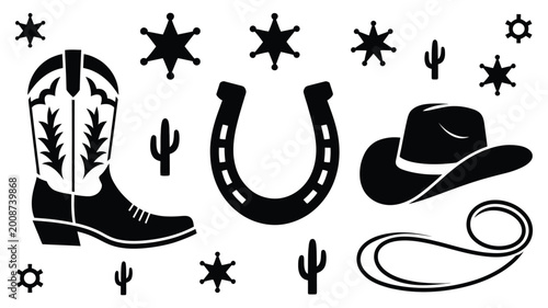 Photos Western cowboy elements set on white background vector illustration, wild west culture symbols collection, cowboy hat spurs boots and desert themed decorative elements, clean flat vector design