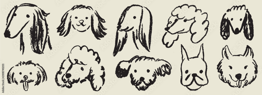 Obraz premium Scribble chalk or charcoal style dogs drawing. Hand drawn puppy sketch art. Wax crayon grunge funny whimsical cute charcoal illustrations for tshirt print, placard, poster or isolated doodle stickers.