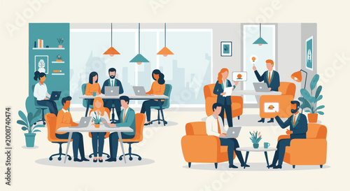 Diverse professionals collaborating and working remotely in a modern, vibrant office space