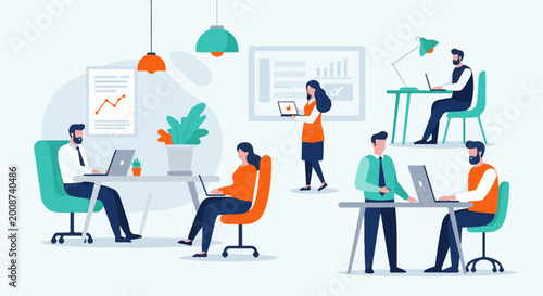Diverse professionals collaborating and working with laptops in a modern office space