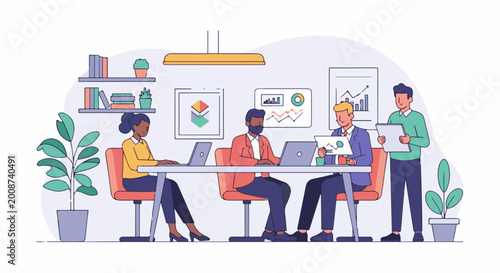 Diverse professionals collaborating around a table, analyzing data and charts in a modern office setting