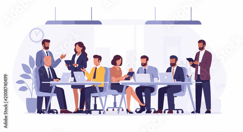 Diverse professionals collaborating around a table, using laptops and discussing ideas
