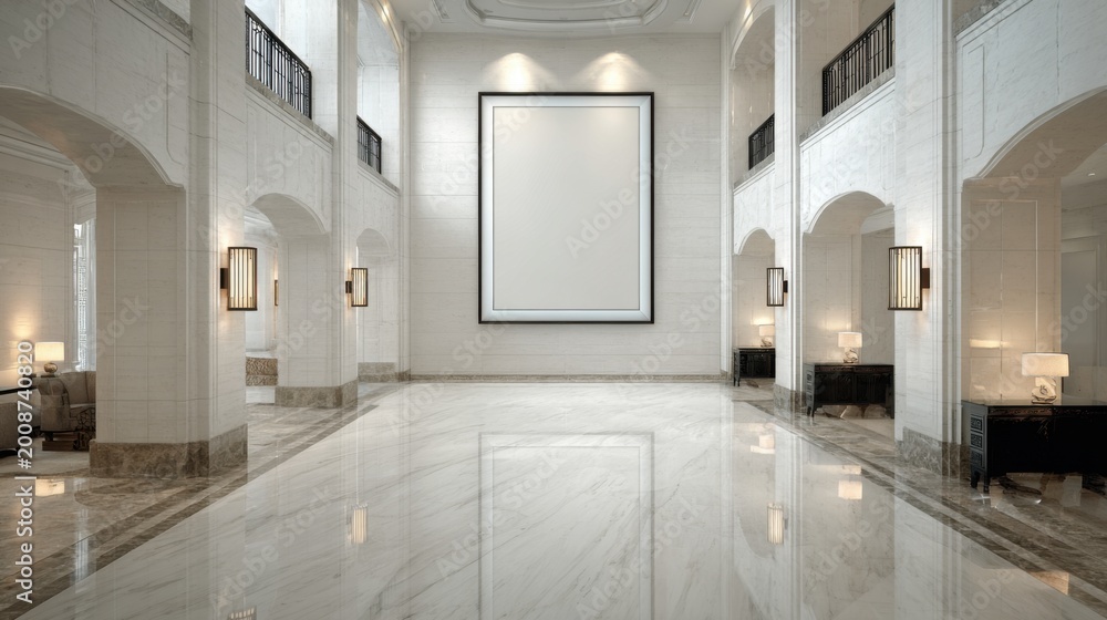 Obraz premium Elegant Grand Hotel Lobby Interior with Marble Floors, Classic Architecture, and Illuminated Artwork Space