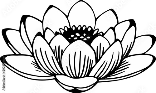 Billede på lærred A meticulously detailed, black and white illustration of a lotus flower, centered in the frame against a stark white background