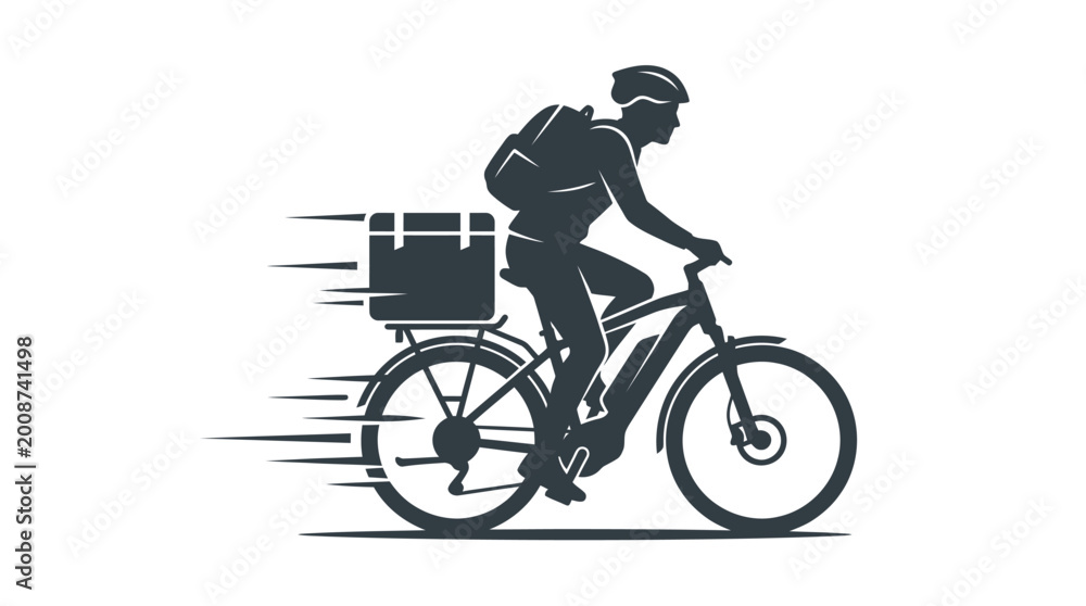 Naklejka premium Courier riding a bicycle while carrying a food delivery box to perform fast express services