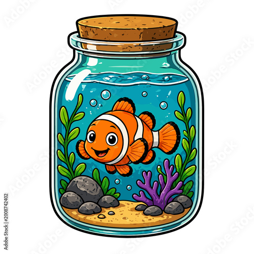 Cartoon clown fish swimming happily in a glass jar aquarium with colorful plants and rocks, on a transparent background