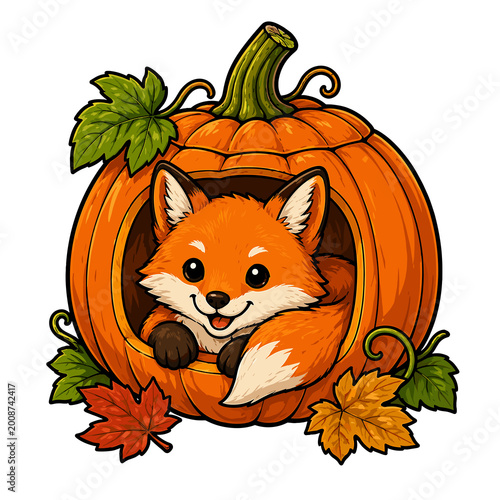 Cute fox smiling in a pumpkin with autumn leaves background, on a transparent background,