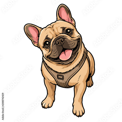 French bulldog smiling happily with a playful expression, colorful cartoon style, on a transparent background