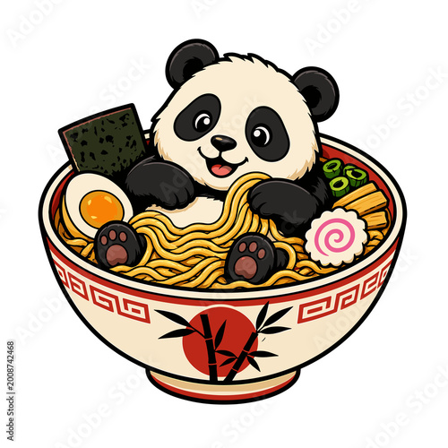 Cute panda sitting in a bowl of ramen with noodles and toppings, on a transparent background,