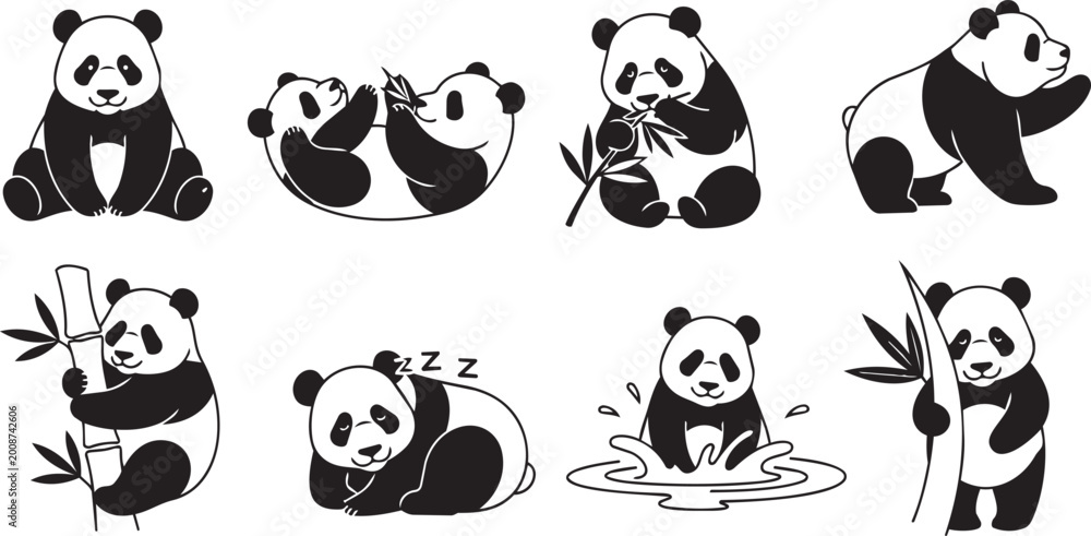 Obraz premium Cute cartoon cats sleeping sitting standing yawning and stretching in simple black and white line