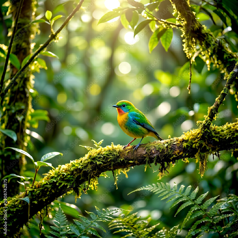 Naklejka premium Colorful tropical bird perched branch surrounded lush green rainforest environment