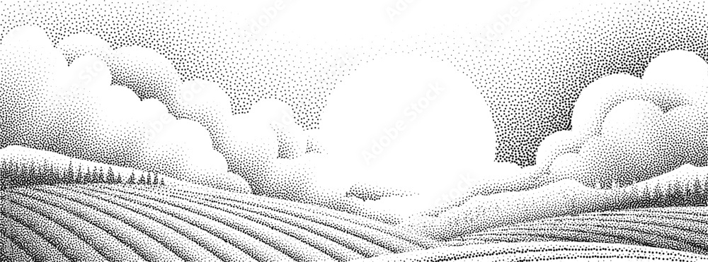 Fototapeta premium Fields rolling hills and mountains farm landscape background illustration with countryside mountains, sunrise sun, clouds and trees. Original rural background drawing in vintage pointillism dot style