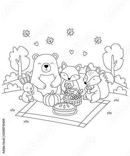 Photos Cute Thanksgiving Forest Animals Picnic Scene – Cartoon Coloring Book Vector Il