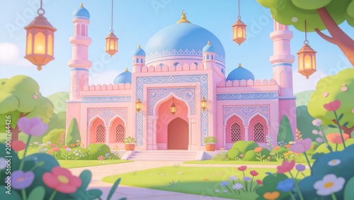 Colorful Mosque in Garden Setting