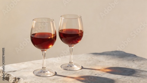 Two glasses of red wine on stone surface