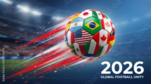 Global football unity 2026 vector illustration with soccer ball and world nation flags in fast motion over stadium background for sports event
