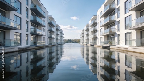 Modern apartment buildings along a canal