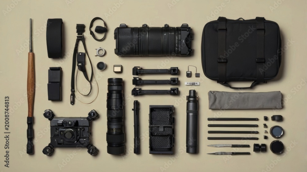 Fototapeta premium Essential Gear Display: A comprehensive array of professional camera equipment, meticulously arranged to showcase the tools of the trade.
