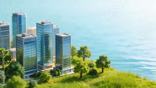 Miniature cityscape with greenery and water