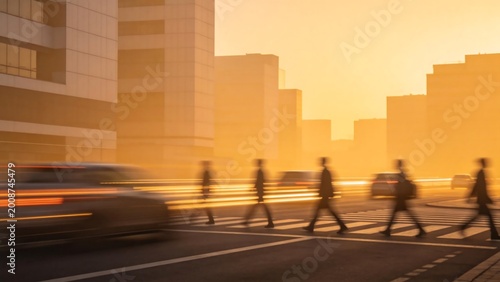 People crossing street at sunset in city