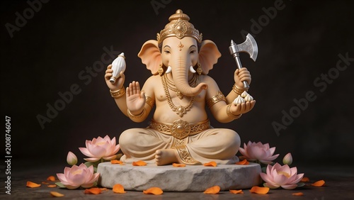 Ganesha statue with lotus flowers