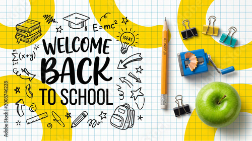 Welcome back to school vector illustration with pencil sharpener binder clips and green apple on grid paper background for student promotion
