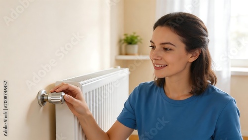 Woman adjusting wall heater in room
