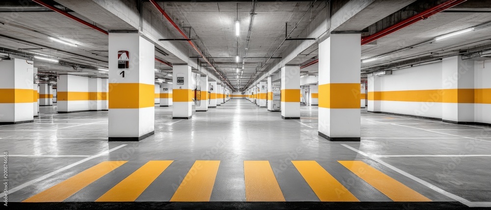 Naklejka premium Modern Underground Parking Garage Interior with Yellow and White Columns and Floor Markings