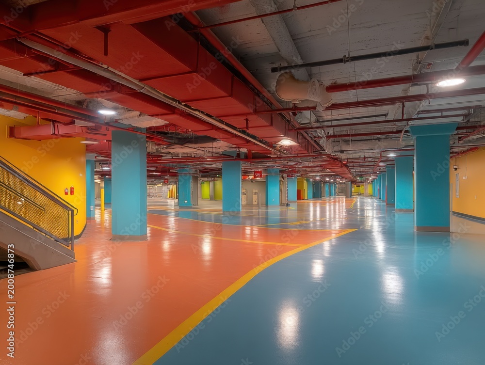 Obraz premium Vibrant Underground Parking Garage with Colorful Floors, Red Pipes, and Blue Pillars