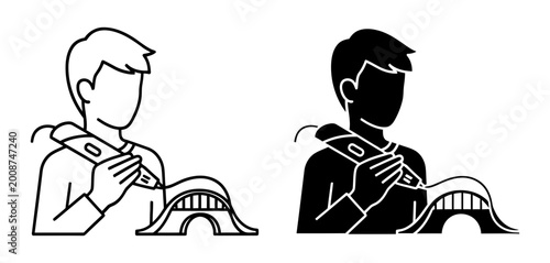 3D pen artist icon set with outline and solid silhouette styles, white background