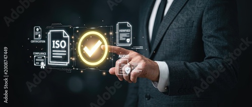 Iso certification process business environment digital interaction office setting close-up view compliance and quality management